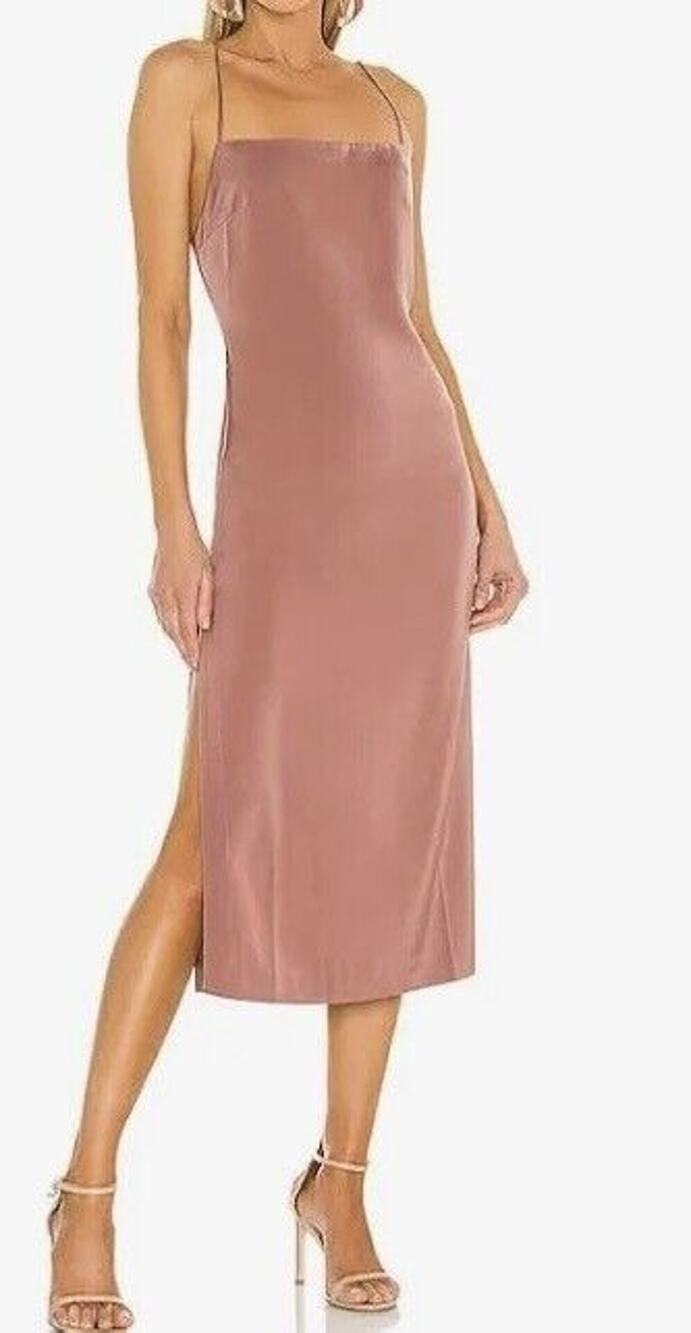 NBD Revolve Malia Midi Slip Dress Womens S Mauve Stretch Satin Side Slit Bodycon